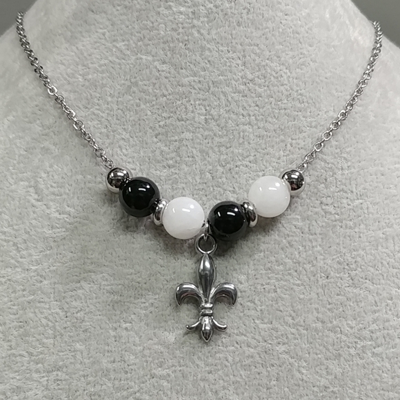 Fleur De Lis Onyx Jade Bead Necklace Natural Gemstone Stainless-Steel 17.5" - Picture 12 of 16
